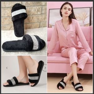 Glampers Sydney Black Faux Fur open-toe slippers w/Crystal Strip (Womens 10)